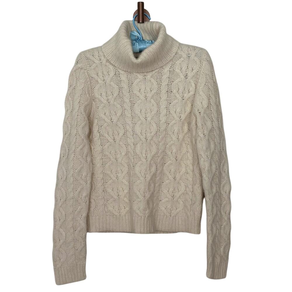 Vintage Medium Angora Lambswool Fisherman Sweater Turtleneck Cable Knit Chunky
